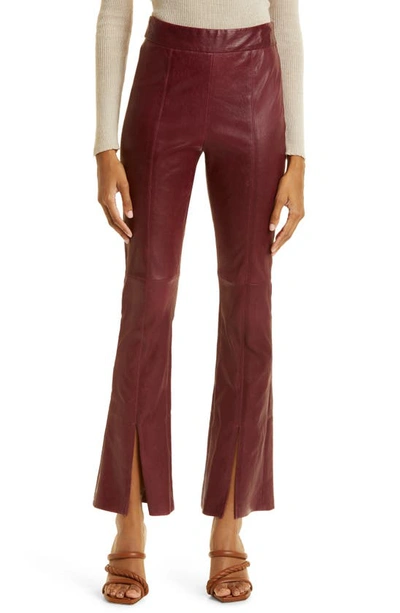 Twp Slit Cuff Leather Flare Trousers In Burgundy