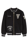 Versace Logo-patch Zip-up Bomber Jacket In Nero Grigio
