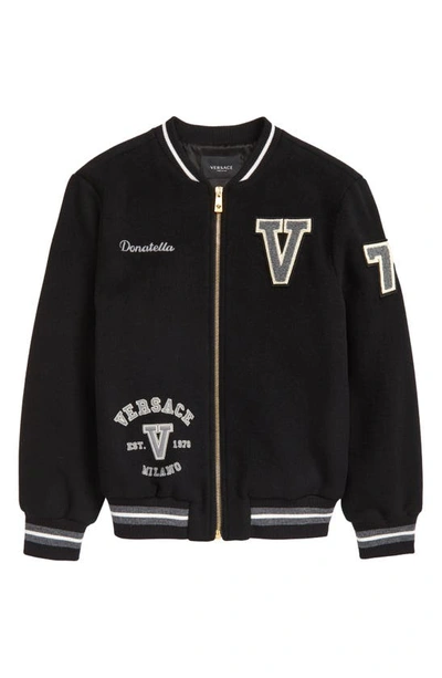 Versace Kids' Versity Logo Patch Wool Blend Varsity Jacket In Nero Grigio