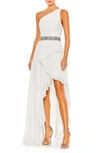 Mac Duggal Pleated One Shoulder Asymmetrical Ruffle Hem Gown In White