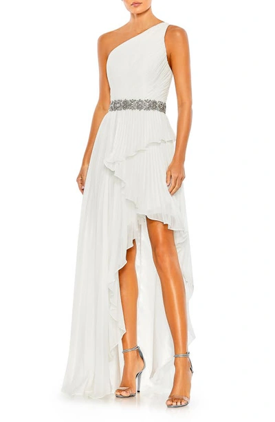 Mac Duggal Pleated One Shoulder Asymmetrical Ruffle Hem Gown In White