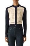 St John Equestrian Print Crêpe De Chine Inset Wool Cardigan In Beige/navy