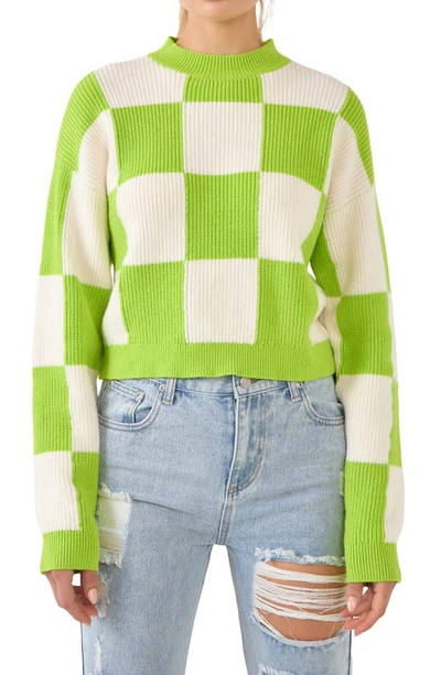 Grey Lab Checkerboard Cotton Blend Crewneck Sweater In Green/white