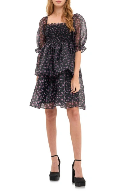 Endless Rose Floral Shirred Puff Sleeve Organza Dress In Black Navy