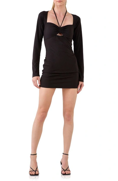 Grey Lab Halter Neck Long Sleeve Rib Body-con Dress In Black