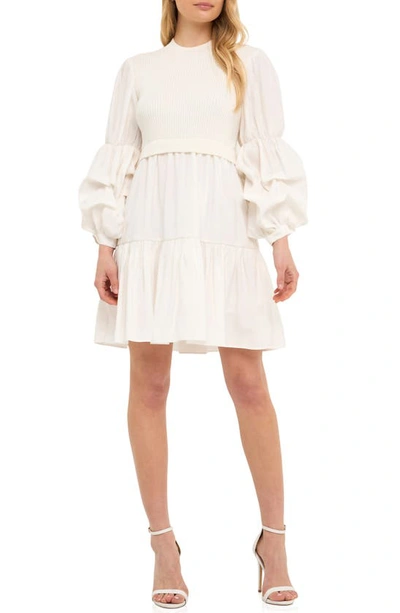 English Factory Mix Media Long Sleeve Tiered Dress In Ivory/white