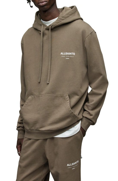 Allsaints Underground Logo-print Organic-cotton Hoody In Muted Brown