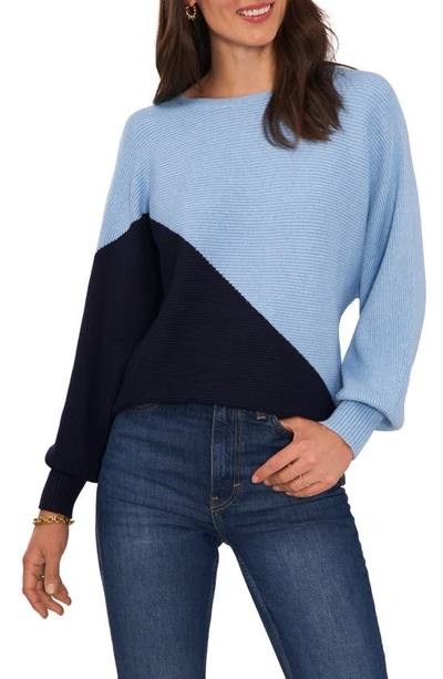 Vince Camuto Asymmetric Colorblock Cotton Blend Sweater In Blue Hthrnavy