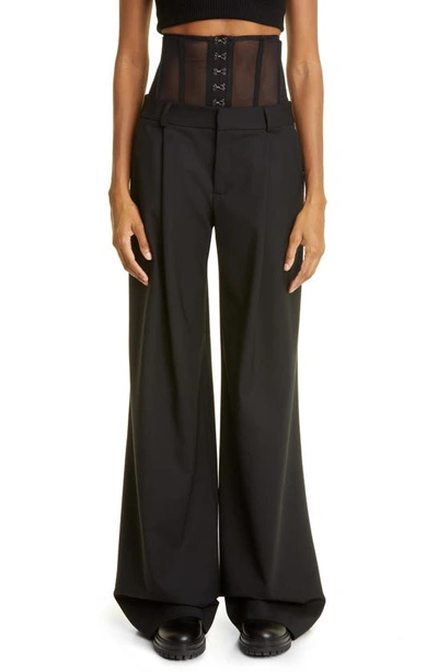 Monse Corset Waist Stretch Wool Gabardine Wide Leg Pants In Black