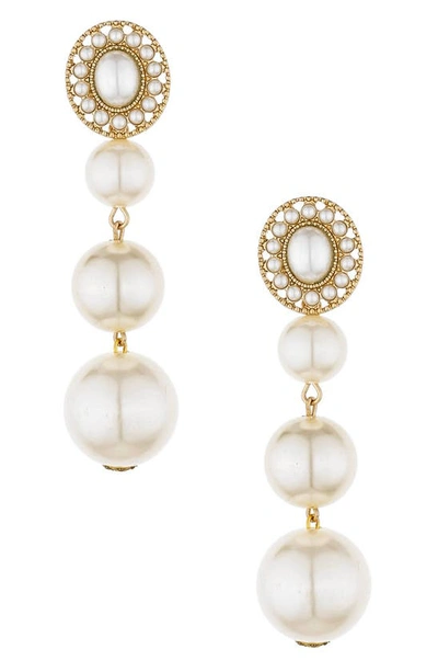 Ettika Triple Imitation Pearl Drop Earrings In Gold