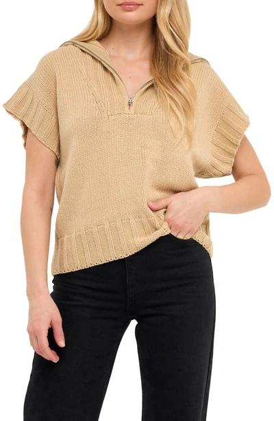 English Factory Zip Neck Short Sleeve Sweater In Taupe