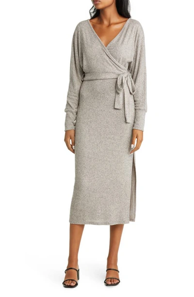 Loveappella Long Sleeve Faux Wrap Midi Dress In Natural
