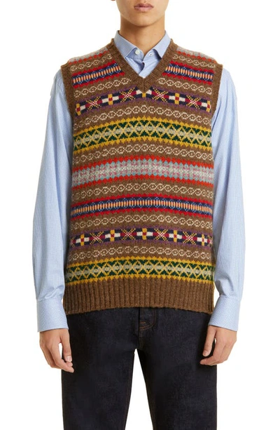 Drake's Fair Isle V-neck Wool Sweater Vest In Tan