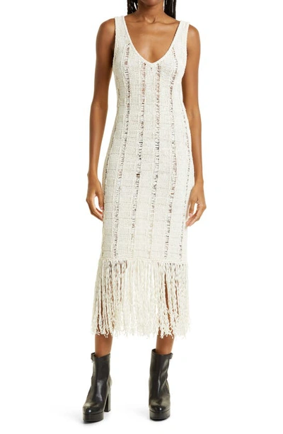 Remain Birger Christensen Mariam Fringe Trim Open Knit Organic Cotton Blend Sweater  Dress In Pristine White | ModeSens