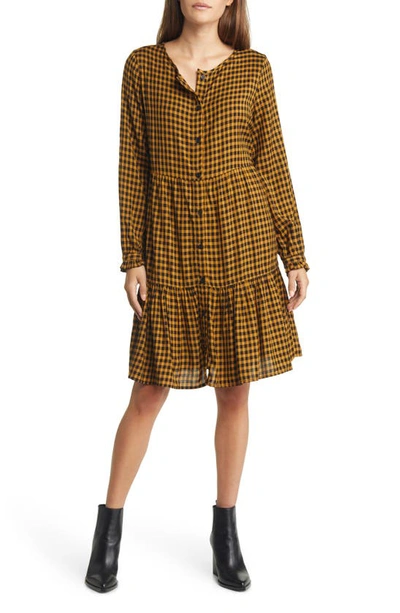 Beachlunchlounge Plaid Tiered Long Sleeve Button-down Dress In Tusan Sun