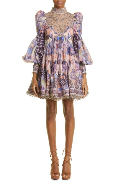 Zimmermann Celestial Swirl Tulle-trimmed Printed Linen And Silk-blend Mini Dress In Multi