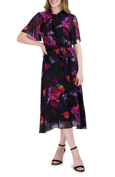 Donna Ricco Women's Floral-print Belted Flutter-sleeve Dress In Black