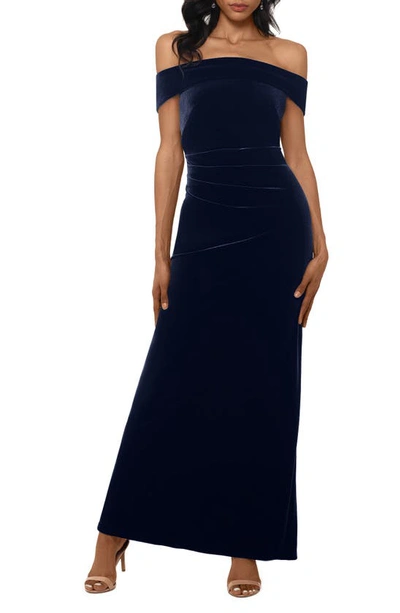 Xscape Off The Shoulder Velvet Gown In Navy ModeSens