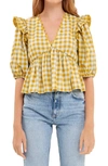 English Factory Rickrack Trim Check Top In Mustard