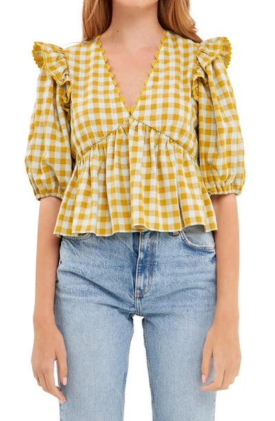 English Factory Rickrack Trim Check Top In Mustard