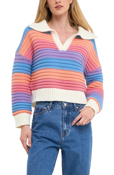 English Factory Rainbow Stripe Polo Sweater In Multi