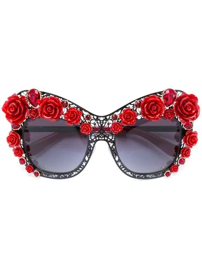 Dolce & Gabbana Dolce Lace Rose & Rhinestone Cat-eye Sunglasses, Black/red