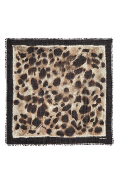 Saint Laurent Snow Leopard-print Wool Scarf In Black/ Light Grey