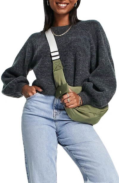 Topshop Balloon Sleeve Crop Sweater In Charcoal