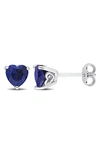 Delmar Sterling Silver Created Blue Sapphire Heart Shape Stud Earrings In Blue