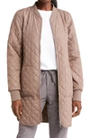 Zella Longline Water Resistant Quilted Bomber Jacket In Tan Portabella