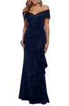 Xscape Ruffled Off-the-shoulder Gown In Midnight