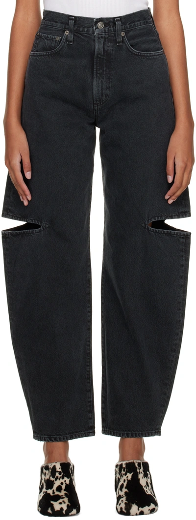 Agolde Sanna Cutout High-rise Wide-leg Organic Jeans In Percolate Black