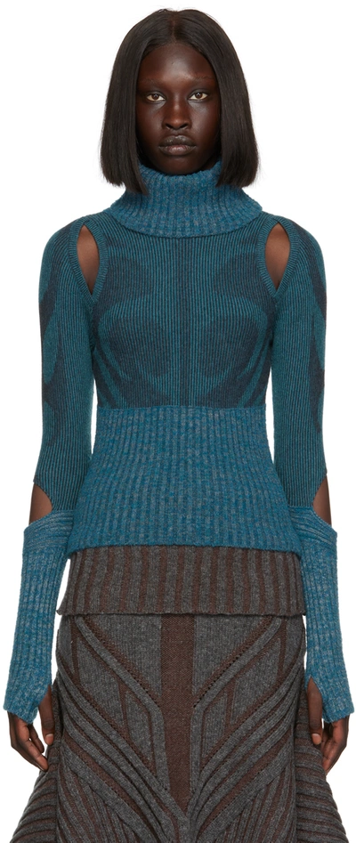 Paolina Russo Illusion Graphic-knit Wool-blend Knitted Top In Azure Charcoal