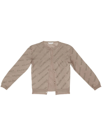 Balenciaga Allover Logo Cropped Cardigan In Beige