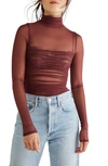 Free People Under It All Ruched Mesh Turtleneck Bodysuit In Chocolate Lava