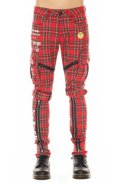 Cult Of Individuality Rocker Sex Pistols Plaid Slim Leg Cargo Pants In Red