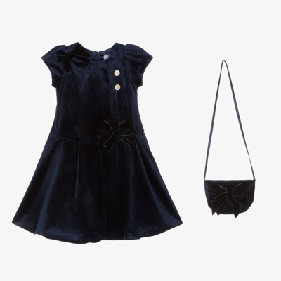 Beau Kid Girls Velvet Dress & Bag Set In Blue