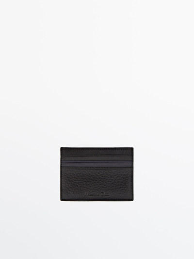 Massimo Dutti Tumbled Leather Contrast Card Holder In Black