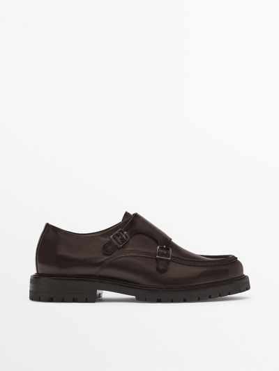 Massimo Dutti Leather Track Sole Monk Shoes In Brown