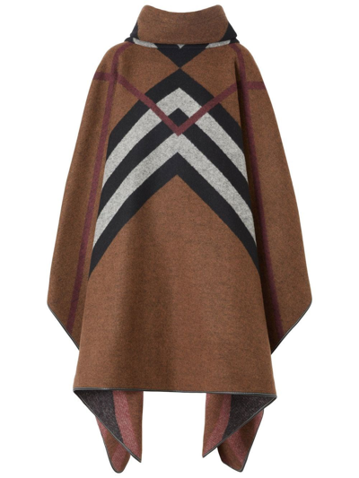 Burberry Leather-trimmed Chevron-check Cashmere Poncho In Brown