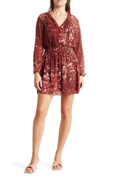Socialite Smocked Long Sleeve Dress In Burgundy Floral