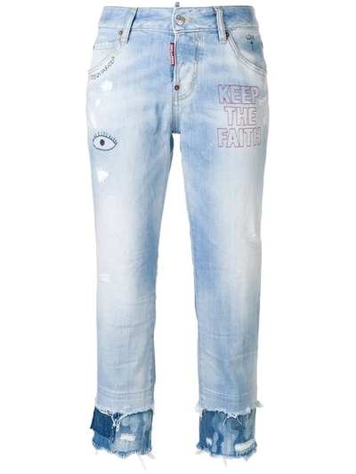 Dsquared2 Keep The Faith Embroidered Cropped Jeans In Blue