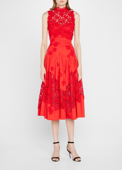 Oscar De La Renta Guipure Lace Midi Dress In Red