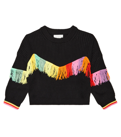 Stella Mccartney Kids Pullover In Black Ribbed Wool With Multicolored Fringes