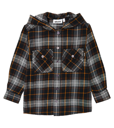 Molo Kids' Rizz Checked Hooded Shirt In Brown