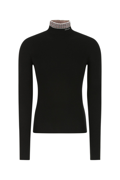 Prada Black Cotton Turtleneck With Logo In Black/alabaster Pink