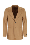 Prada Structured Camel Blazer With Flap Pockets