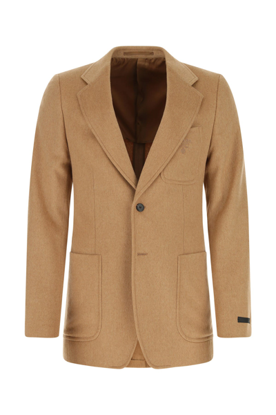 Prada Structured Camel Blazer With Flap Pockets In Brown
