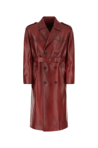 Prada Double Breasted Leather Trench Coat In Red