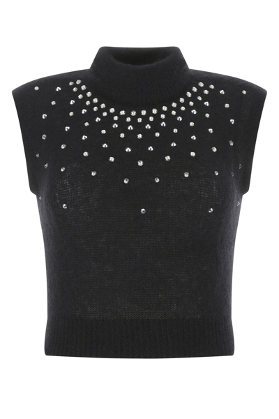 Alessandra Rich Stud-embellished Sleeveless Mohair-blend Knitted Top In Black